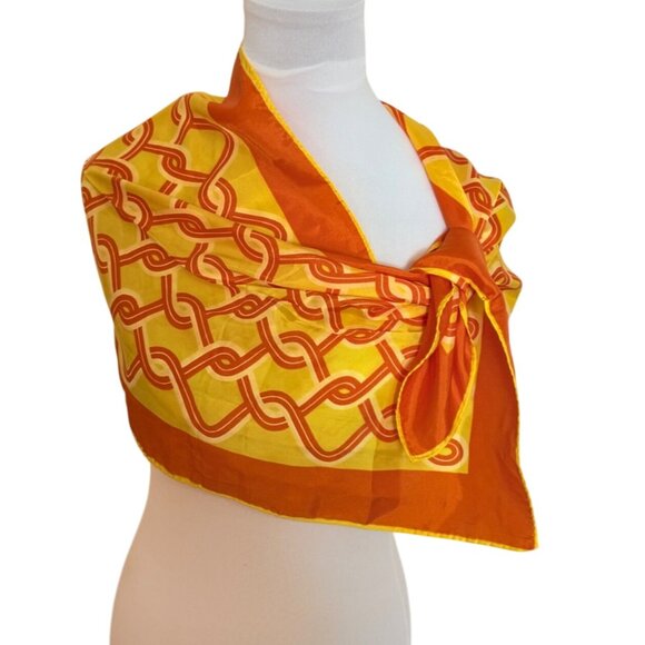 Retro 70s MOD Geometric Scarf Orange Yellow Fashion Links VTG Bold Japan - Picture 3 of 8